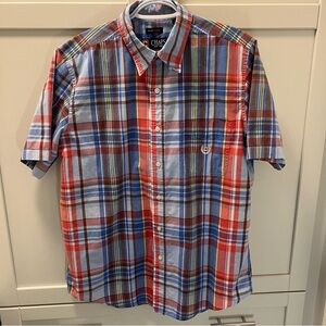 CHAPS Easy Care Short Sleeved Plaid Dress Shirt Men's Medium Red Yellow Blue